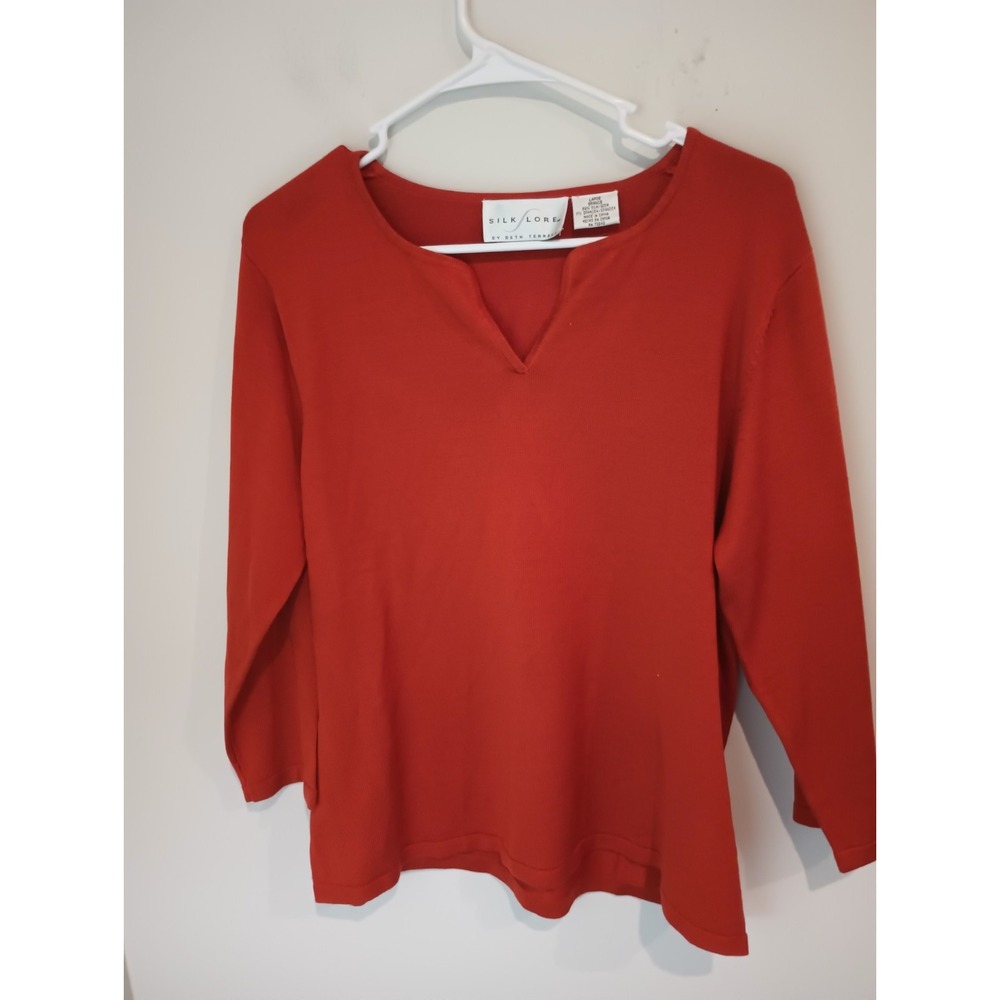 Vintage Y2K Silk Lore Beth Terrell Red Silk Spandex Notch Neck Sweater Womens L